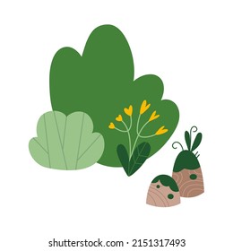 Picture of nature with bush and mound, cartoon style. Trendy modern vector illustration, hand drawn, flat design. All elements are isolated. 