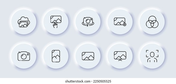 Picture neomorphic line icons set. Photo, avatar, graphics, button, color correction, landscape application, camera, photographer, designer, memories. These concept. Vector neomorphic icons set