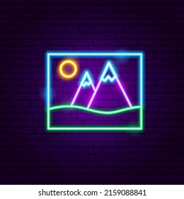 Picture Neon Sign. Vector Illustration of Landscape Promotion.