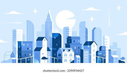 Picture with night city. Minimalistic art with urban architecture in blue. Beautiful modern concept of landscape panorama city against backdrop of full moon and stars. Cartoon flat vector illustration