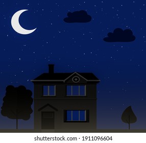 A picture of a night with a house in the blue of the night and a star and moon of trees.