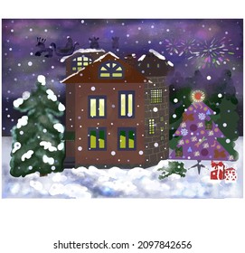 Picture: night, snow, New Year's landscape, a large house on a white background. Vector for cards, postcards, decor, fabric, textile, paper