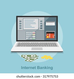 Picture of notebook with atm interface on its screen, flat style concept for internet banking, online payment concept