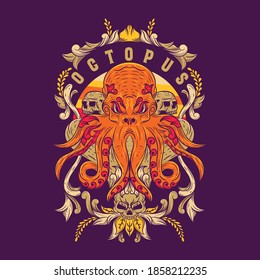 
picture of an octopus in orange red yellow color and there is a purple background plant ornament