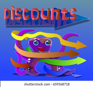 Picture of an octopus and several arrows. Both the arrows and the sea animal indicate the direction where there are discounts.