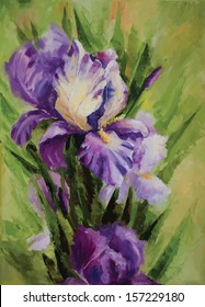 Picture oil paints on a canvas: Iris flowers. Vector