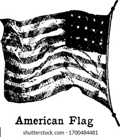 Picture of old American Flag on a flag pole, vintage illustration