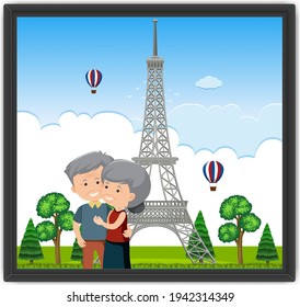 A picture of an old couple with Eiffel tower illustration
