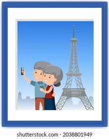 A picture of old couple take a selfie with Eiffel tower illustration