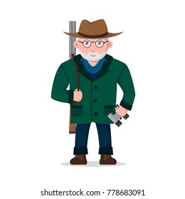 Picture of an old man hunter character isolated on white background, flat style illustration.