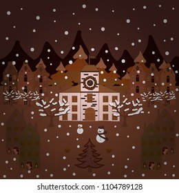 Picture on brown, white and neutral colors. Vector pattern with houses.
