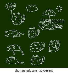 Picture on checked paper.  Funny doodle cats sketch.