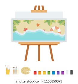 Foto do cavalete. Conjunto plano vetor com cavalete, pincéis artísticos, tela, paleta, pintura colorido ilustração.