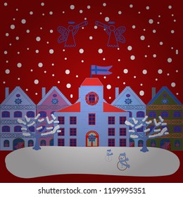 Picture on red, blue and white colors. Vector illustration. Vector with houses and wild forest life with mountans. Can be printed and used as wrapping paper, wallpaper, textile, fabric, etc.