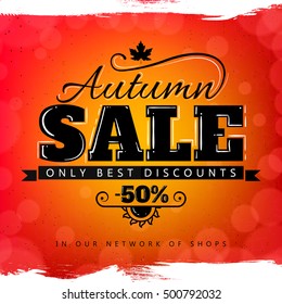 The picture on the subject of seasonal discounts. The autumn sale. Creative lettering drawn by hand.