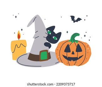 Picture on the theme of Halloween. Mystical witch hat, black cat and pumpkin. Flat vector illustration. Eps10