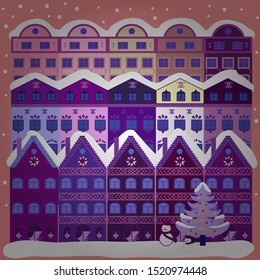 Picture on violet, purple and pink colors. Vector pattern with houses.
