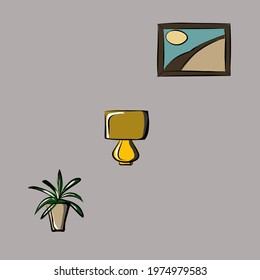 Picture on the wall. Table lamp. Flower in a pot. Part of a set of furniture and interior accessories. Isolated vector objects.