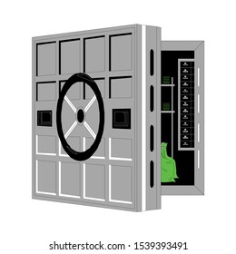 picture of opened safe with banknotes and coins inside, flay style illustration