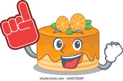 A picture of orange cake mascot cartoon design holding a Foam finger