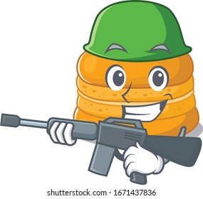A picture of orange macaron as an Army with machine gun