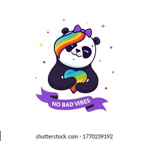 The picture is a Panda with rainbow hairstyle hugs a multi-colored heart, with text - No bad vibes. Funny cartoon character for posters, t-shirt, logotypes on white background. Vector illustration