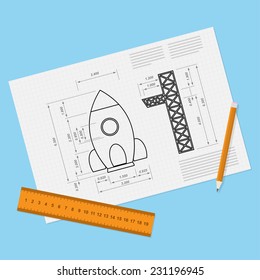 picture of paper sheet with rocket draft, pencil and ruler, start-up, new servi?e, business or product concept