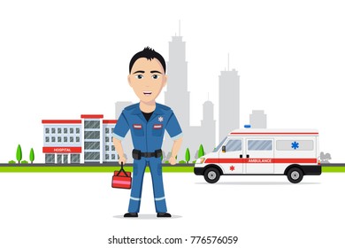 Picture of paramedic in front of ambulance car and hospital building