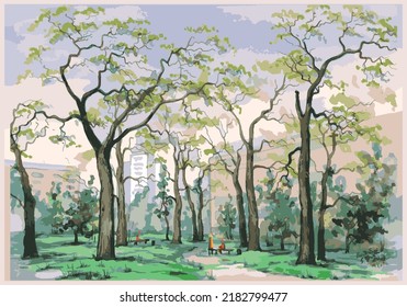 Picture of park urban nature, trees, recreation of people. Art presentation, design template. Oak grove, Kyiv, recreation park. Banner, magazine, flyer brochure, notebook, interior.Vector illustration