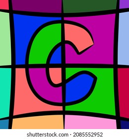 A picture with a pattern of squares and different colors forming the letter "C"