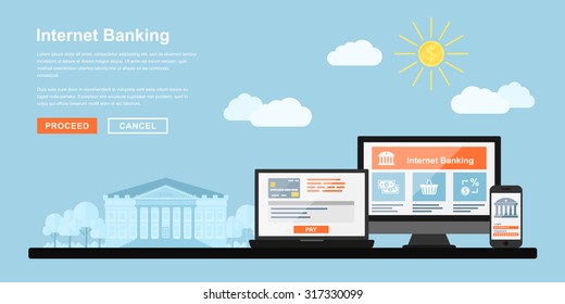 Picture of pc monitor, notebook and mobile phone with bank building on background, flat style concept for internet banking, online payments concept