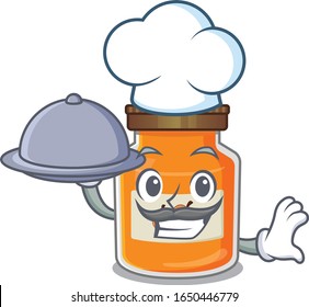 A picture of peach jam as a Chef serving food on tray
