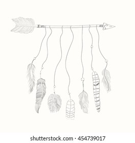 Picture pen by hand, boho style, graphics, bird feathers, feather vector set, Beautiful hand drawn illustration arrows and feathers. Decorative boho style .Red India. redskin. pampean. Injun
