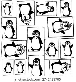 Picture of penguins in boxes with various decorations and expressions