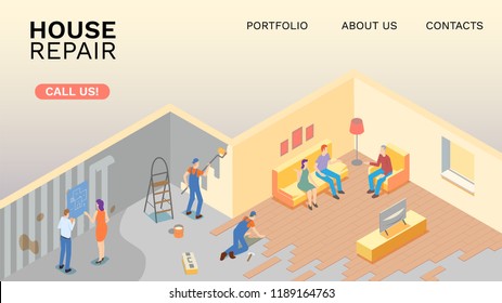 Picture of people planning, performing and celebrating home renovation. House repair "before and after" concept illustration. Isometric vector illustration eps10.