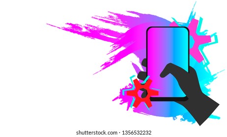 Picture of the phone in the hand that clicks on the screen. In the background there is a blue-pink color. There are also configuration and repair symbols. White background transparent.