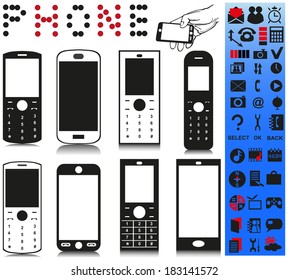 Picture phones of different shapes. Phone menu. Icons with different elements.