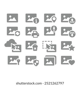 Picture, photo file download and upload vector icon set. Image, stared and hearted, refreshing and deleting icons.