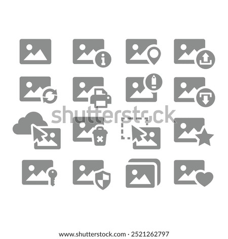 Picture, photo file download and upload vector icon set. Image, stared and hearted, refreshing and deleting icons.