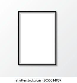 Picture photo frame mockup, wall presentation, black thin rectangular vertical frame with shadow, vertical blank frame border mockup - stock vector