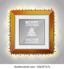 Picture and photo frame on the wall. Christmas garland around the frame. Vector illustration.