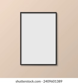 Fotografía marco de imagen mofa vacía realista, marco de afiches cerrar en color beige pastel de pared, imagen aislada rayado borde de marco blanco con sombra, presentación de pared