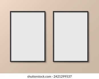 Picture photo frame realistic two empty mockup, poster frame close up on wall pastel beige color, isolated pictures frames mock-up, frames with shadow, blank frame border mockups, wall presentation