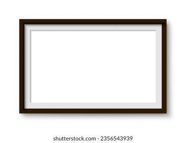 Picture photo frames mockup, wall presentation, black thin rectangular horizontal frame with shadow, horizontal blank frame border mockup - stock vector