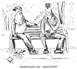 The picture of the pigeons on a bench in the Park chew sunflower seeds.