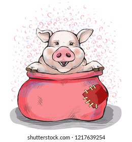 Picture with a piglet. To buy a pig in a poke. The sack opened, and the piggy sits there. Hand-drawn illustration. Cartoon. Watercolor style