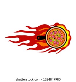 The picture of the pizza on fire. Fast pizza delivery icon, hot pizza logo. Italian cuisine. Flames indicate the speed of food delivery.