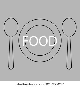 Picture of a plate with 2 spoons and the word food in the middle of the logo on a gray background.