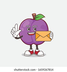 A picture of Plum Fruit cartoon mascot character holding an envelope