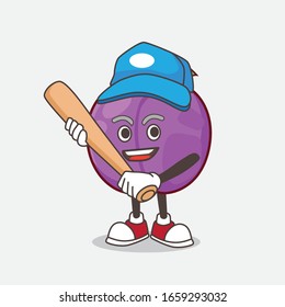 A picture of Plum Fruit cartoon mascot character playing baseball